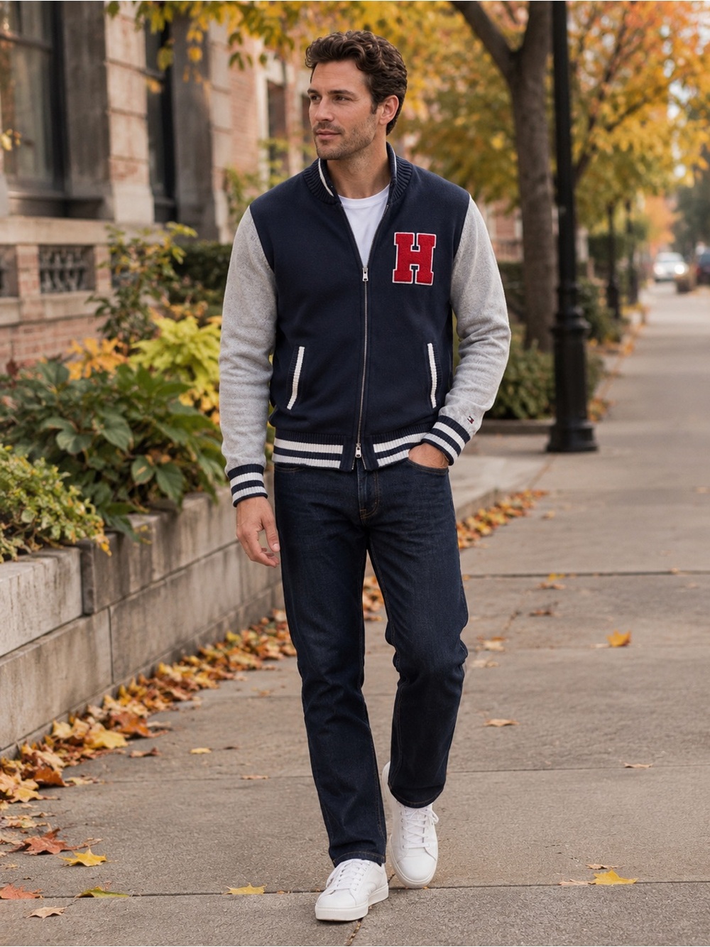 Tommy Hilfiger Men’s Varsity Letterman Sweater Jacket‎ Small Cotton Zip Up
